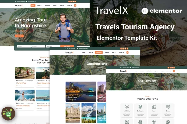 TravelX Elementor template kit preview for a travel and tourism agency website