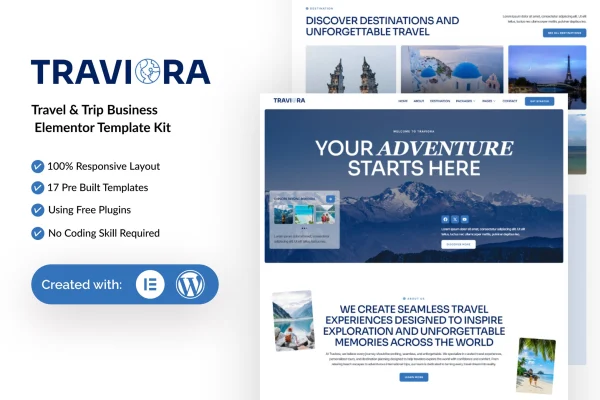 Traviora travel and trip business Elementor template kit preview