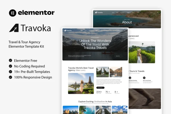 Travoka travel and tour agency Elementor template kit preview