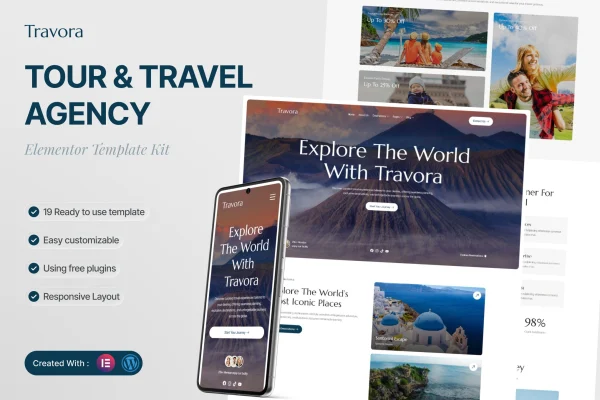 Travora tour and travel agency Elementor template kit preview