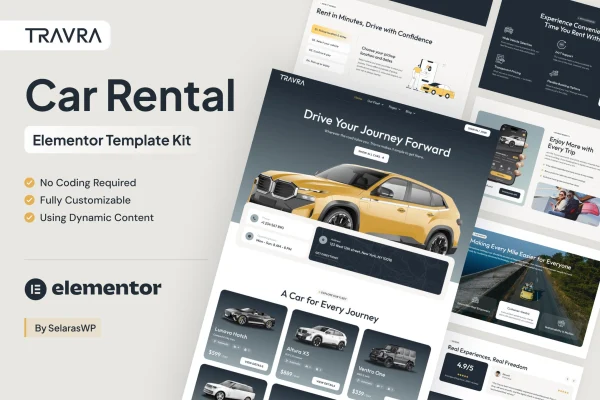 Travra car rental Elementor template kit preview showing fleet and booking page layouts