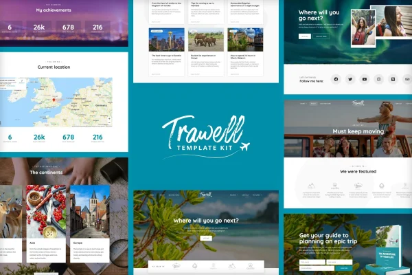 Trawell travel blog Elementor template kit preview