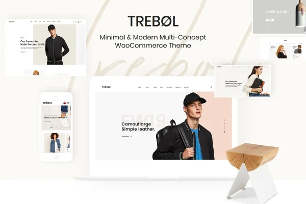 Trebol minimal WooCommerce theme preview with store layouts
