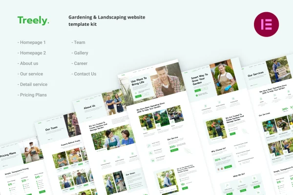 Treely landscaping and gardening Elementor template kit cover showing website page layouts