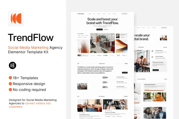 TrendFlow social media marketing agency Elementor template kit preview