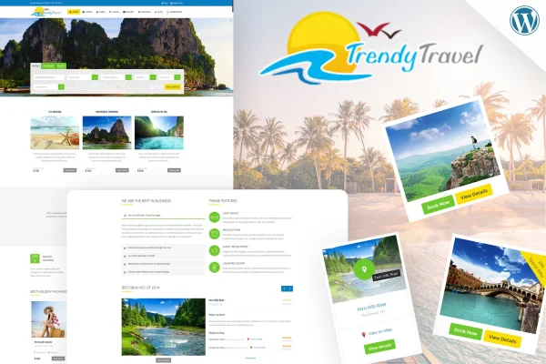 Trendy Travel WordPress theme preview with travel blog layout and destination photos