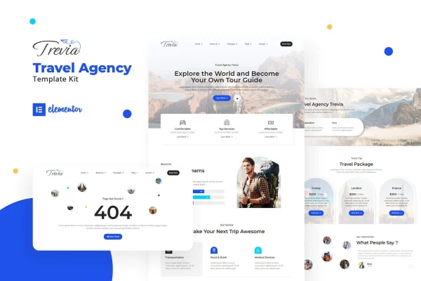 Trevia travel agency Elementor template kit page previews