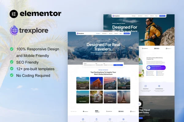 Trexplore travel and tour agency Elementor Pro template kit preview