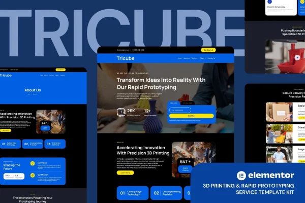 Tricube Elementor template kit for 3D printing and rapid prototyping services