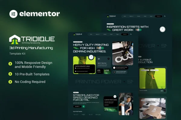 Tridique 3D printing manufacturing Elementor template kit preview