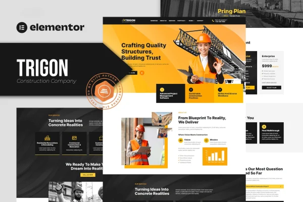 Trigon construction Elementor template kit page previews