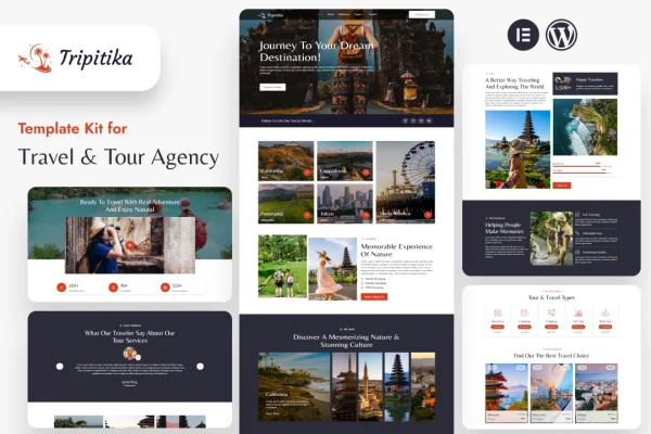 Tripitika travel agency Elementor template kit preview with destination page layouts