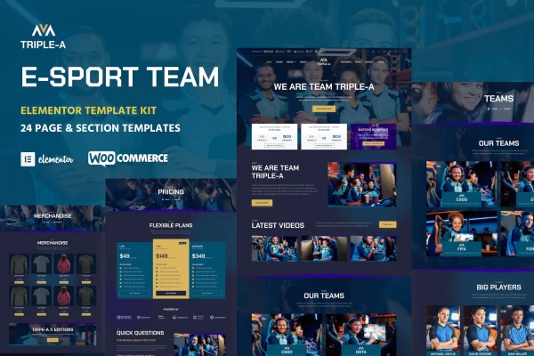 Triple-A eSport team gaming Elementor template kit preview