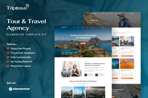 Triptrave tour and travel agency Elementor template kit preview
