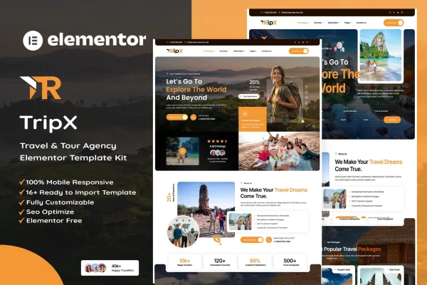 Tripx tour and travel agency Elementor template kit preview