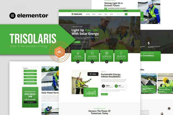 Trisolaris solar and renewable energy Elementor template kit preview