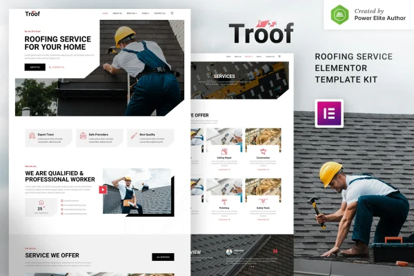 Troof roofing service Elementor template kit cover showing website page layouts