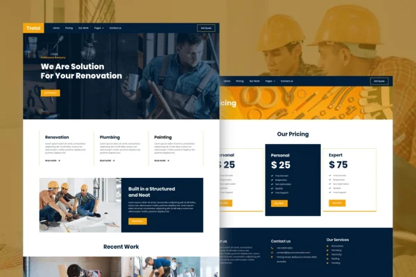 Trotol renovation Elementor template kit preview showing website page layouts