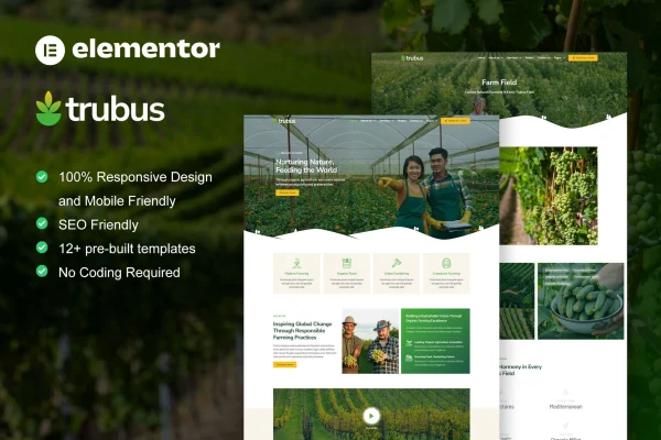 Trubus agriculture and organic farming Elementor Pro template kit preview
