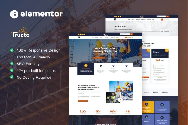 Tructo construction and building Elementor template kit preview