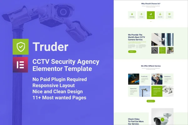 Truder CCTV security service Elementor template kit cover showing page layouts