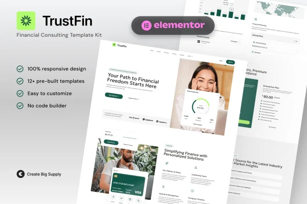 TrustFin financial consulting Elementor template kit cover image