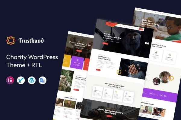 Trusthand charity WordPress theme preview with donation and event pages