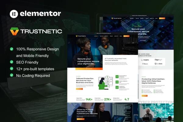Trustnetic cyber security services Elementor Pro template kit preview
