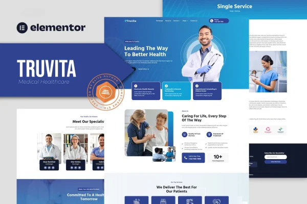 Truvita medical healthcare Elementor template kit cover showing clinic website page designs
