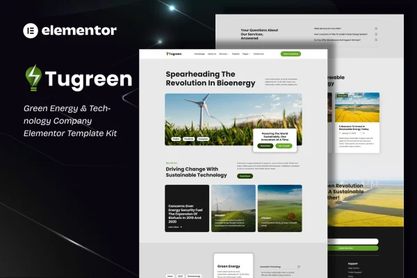 Tugreen green energy and technology Elementor template kit preview