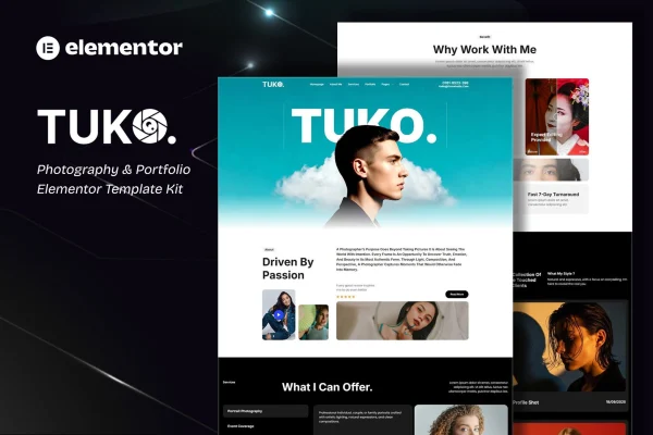 Tuko photography and portfolio Elementor template kit preview