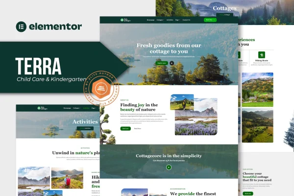 Tula nature cottages Elementor template kit preview with cottage and outdoor page layouts