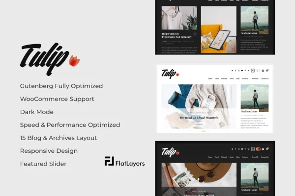 Tulip responsive WordPress blog theme preview with minimalist post layout
