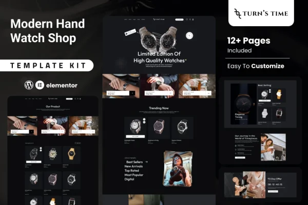 Turnstime watch shop Elementor Pro template kit preview with product layouts