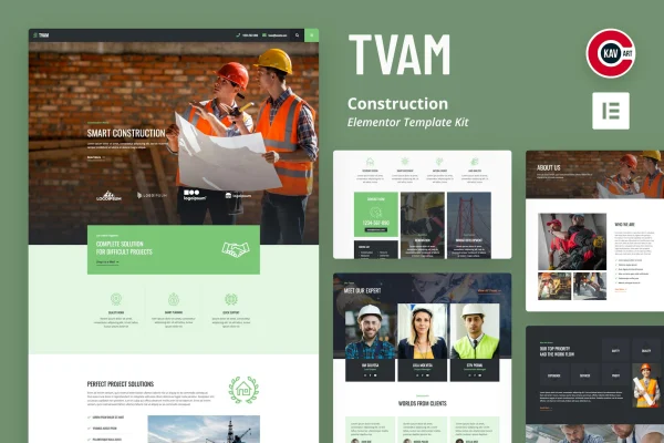Tvam construction Elementor template kit preview showing homepage and project page layouts