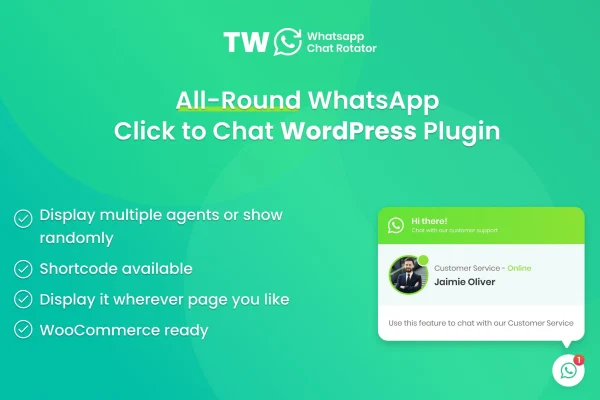 TW WhatsApp Chat Rotator plugin banner with a WhatsApp chat button