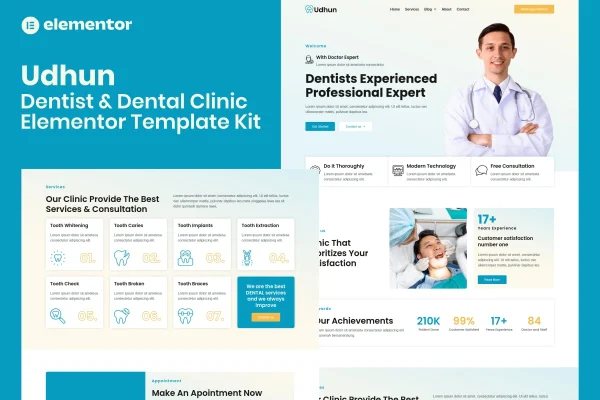 Udhun dentist and dental clinic Elementor template kit preview