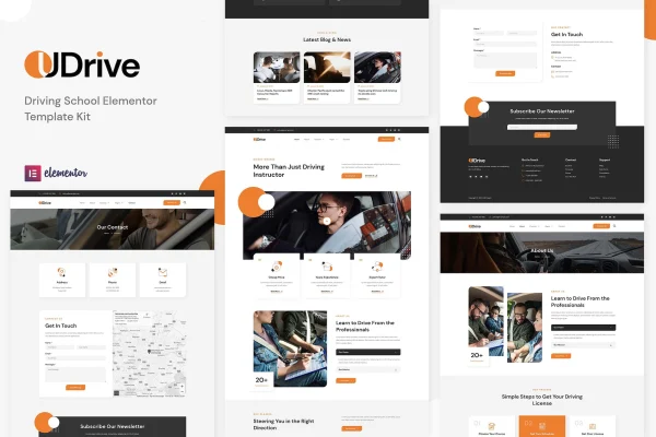 Udrive driving school Elementor template kit cover showing website page layouts