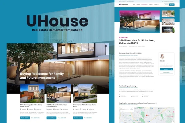 UHouse real estate Elementor template kit preview showing property website page layouts