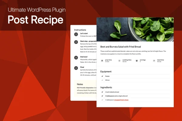 Ultimate Post Recipe plugin banner with a sample recipe card