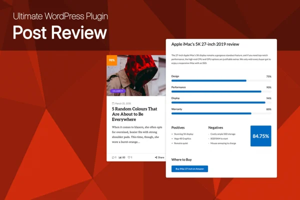 Ultimate Post Review plugin banner showing a post review box with rating scores