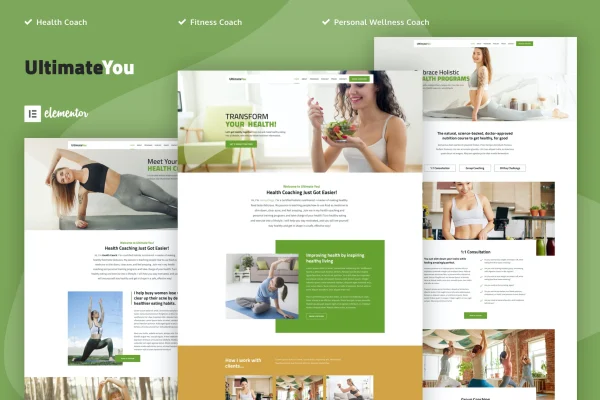UltimateYou health coach Elementor template kit page previews