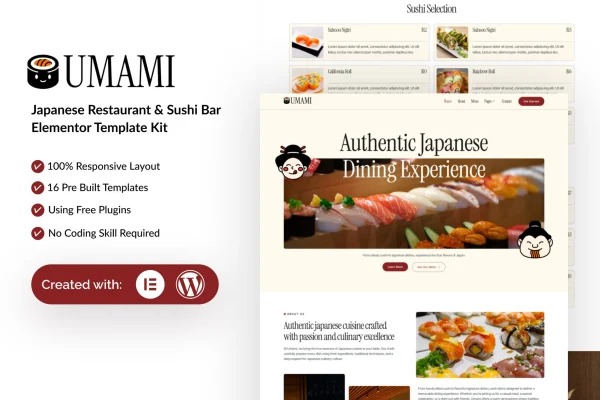 Umami Japanese restaurant and sushi bar Elementor template kit preview