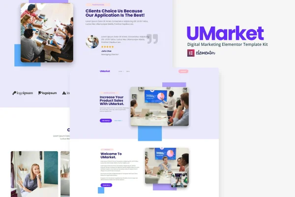 UMarket digital marketing Elementor template kit preview showing agency website pages