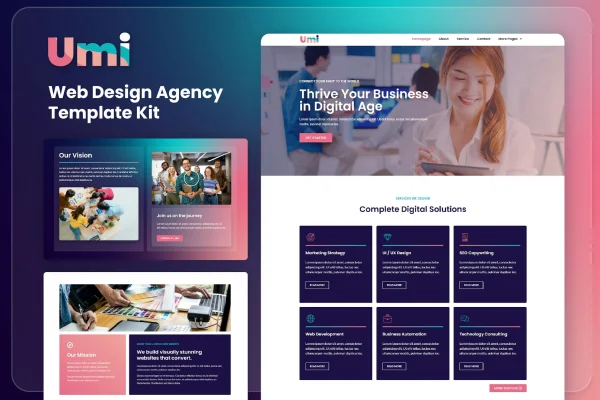 Umi web design agency Elementor template kit cover with page layout previews