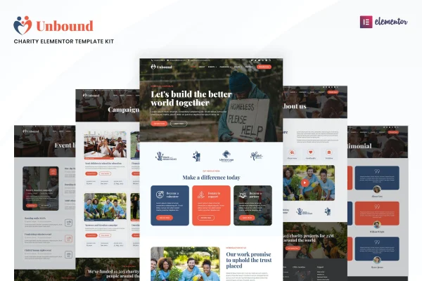 Unbound charity and nonprofit Elementor template kit cover showing page layouts