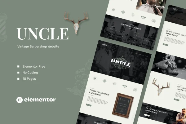 Uncle barbershop Elementor template kit preview showing homepage design