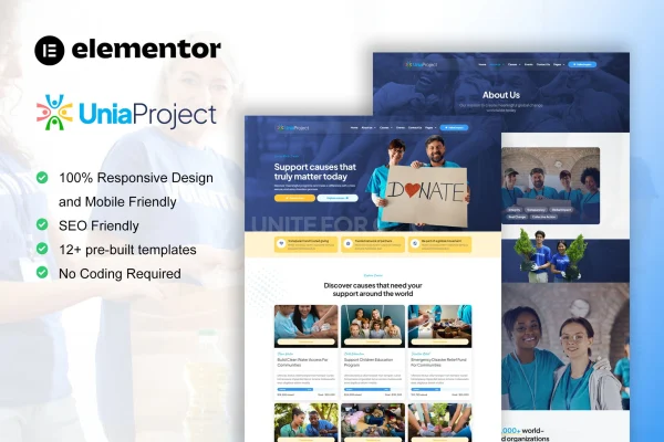 Unia charity and nonprofit Elementor template kit cover image
