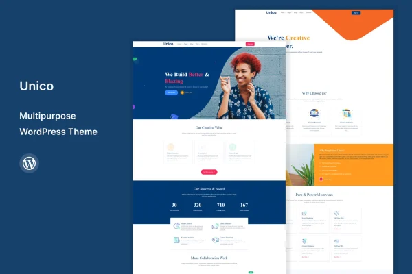 Unico multipurpose WordPress theme cover image with sample page layouts
