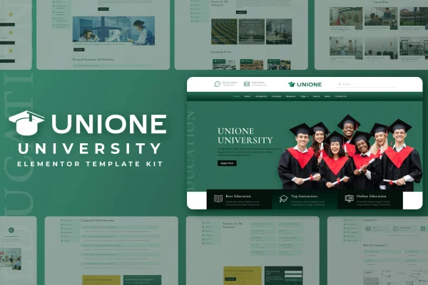 Unione University Elementor template kit cover showing university website page designs